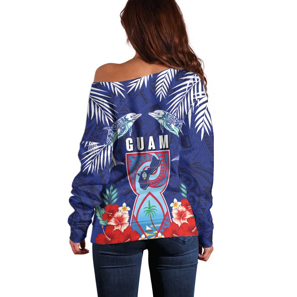Guam Liberation Day Off Shoulder Sweater The Tribal Latte Stone and Dolphins with Hibiscus Chamorro Culture LT03 - Polynesian Pride