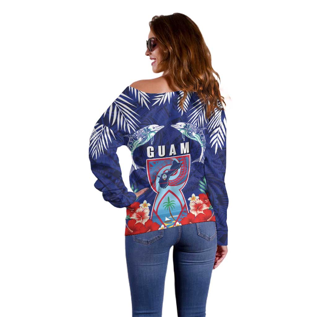 Guam Liberation Day Off Shoulder Sweater The Tribal Latte Stone and Dolphins with Hibiscus Chamorro Culture LT03 - Polynesian Pride