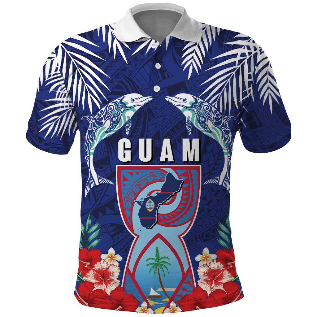 Guam Liberation Day Polo Shirt The Tribal Latte Stone and Dolphins with Hibiscus Chamorro Culture LT03 Blue - Polynesian Pride