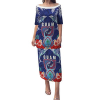 Guam Liberation Day Puletasi The Tribal Latte Stone and Dolphins with Hibiscus Chamorro Culture LT03 Long Dress Blue - Polynesian Pride