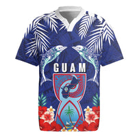 Guam Liberation Day Rugby Jersey The Tribal Latte Stone and Dolphins with Hibiscus Chamorro Culture LT03 Blue - Polynesian Pride