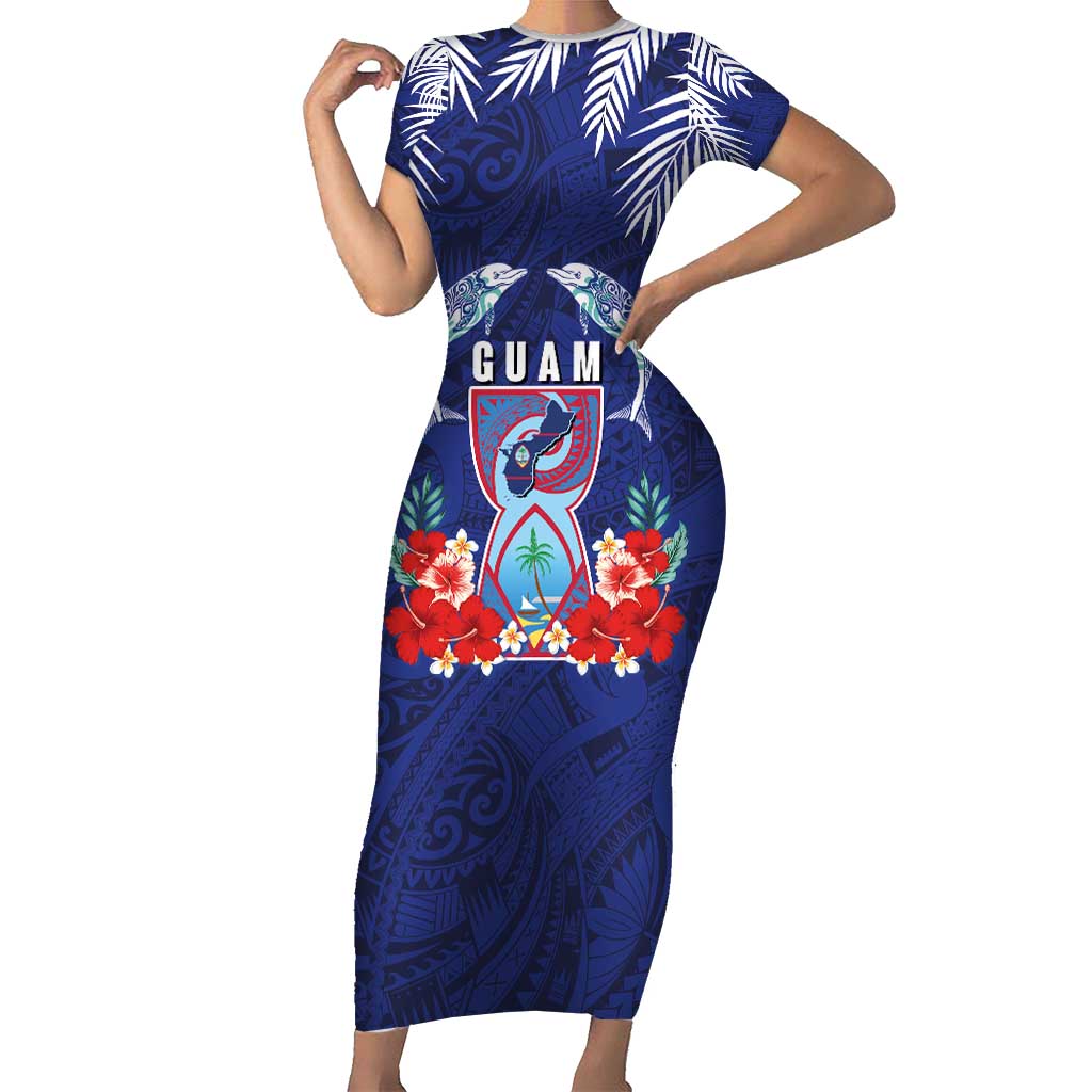 Guam Liberation Day Short Sleeve Bodycon Dress The Tribal Latte Stone and Dolphins with Hibiscus Chamorro Culture LT03 Long Dress Blue - Polynesian Pride