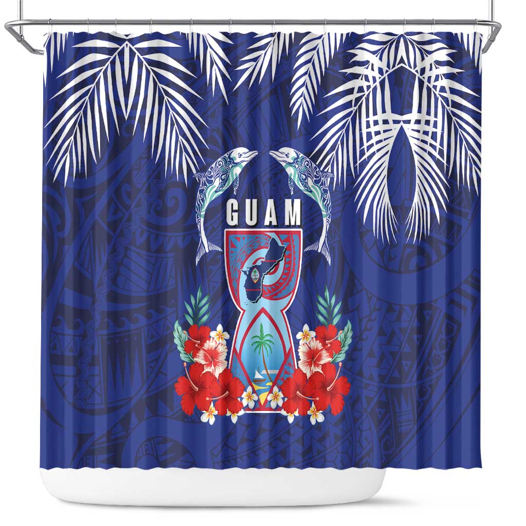 Guam Liberation Day Shower Curtain The Tribal Latte Stone and Dolphins with Hibiscus Chamorro Culture LT03 Blue - Polynesian Pride