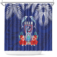 Guam Liberation Day Shower Curtain The Tribal Latte Stone and Dolphins with Hibiscus Chamorro Culture LT03 Blue - Polynesian Pride