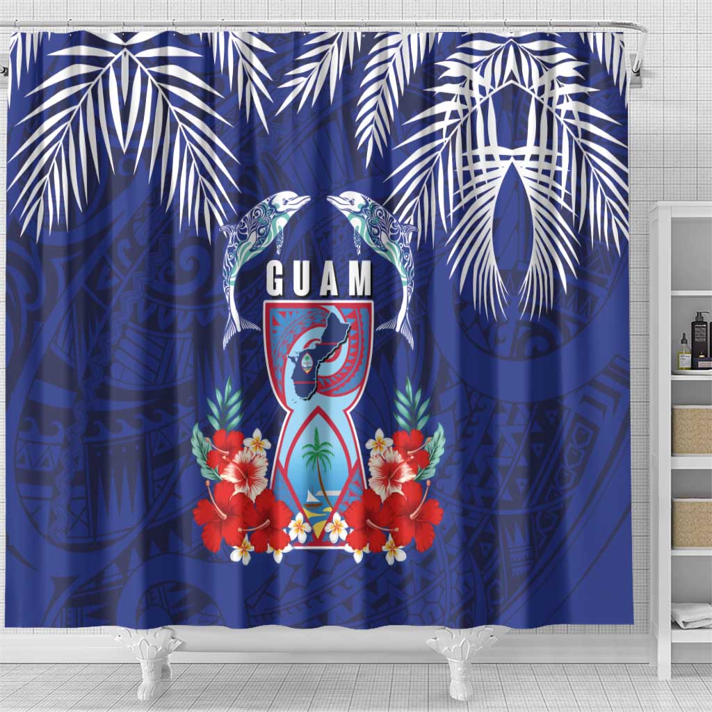 Guam Liberation Day Shower Curtain The Tribal Latte Stone and Dolphins with Hibiscus Chamorro Culture LT03 - Polynesian Pride