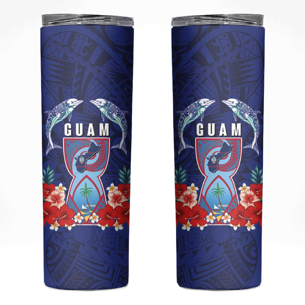 Guam Liberation Day Skinny Tumbler The Tribal Latte Stone and Dolphins with Hibiscus Chamorro Culture LT03 Blue - Polynesian Pride