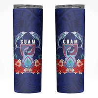 Guam Liberation Day Skinny Tumbler The Tribal Latte Stone and Dolphins with Hibiscus Chamorro Culture LT03 Blue - Polynesian Pride