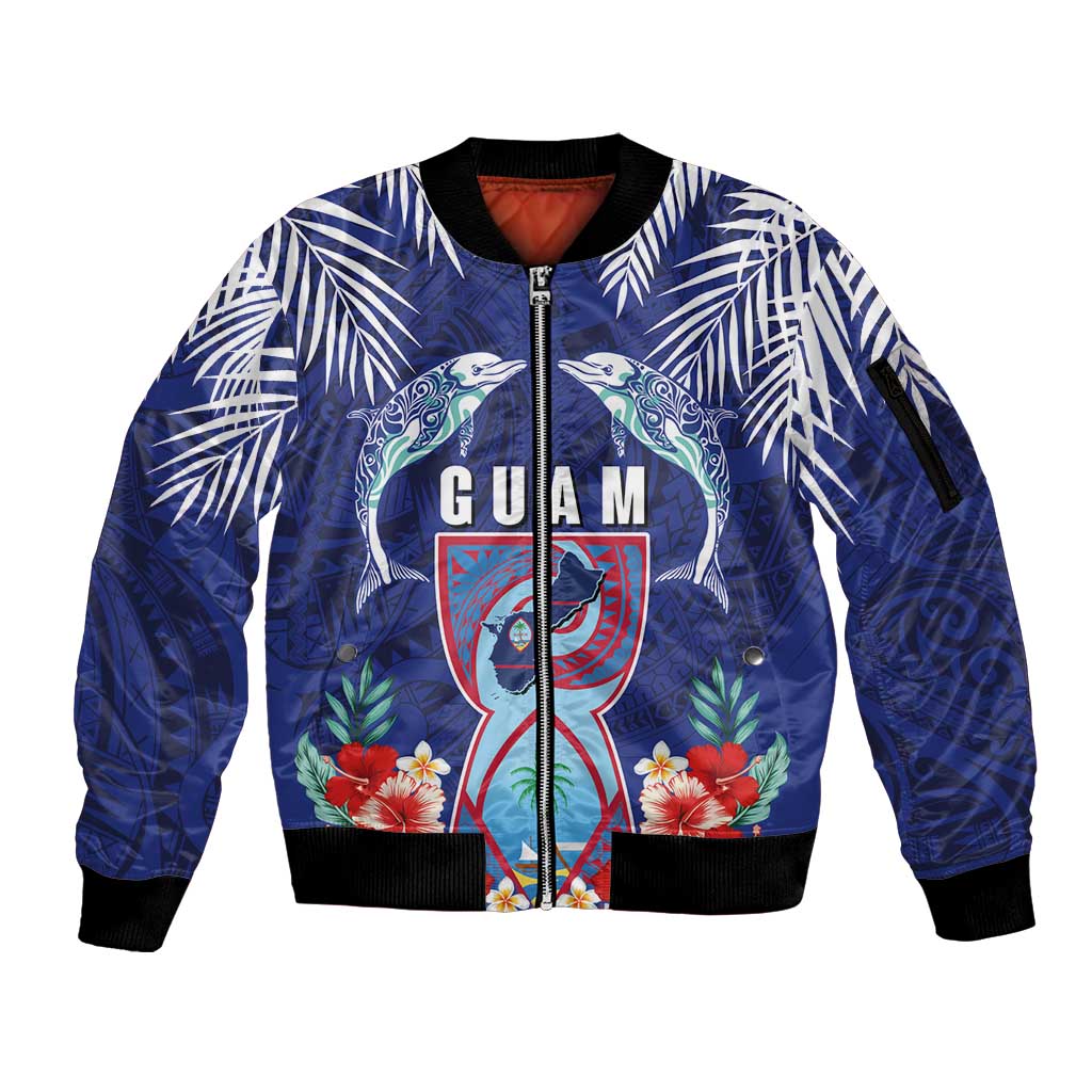 Guam Liberation Day Sleeve Zip Bomber Jacket The Tribal Latte Stone and Dolphins with Hibiscus Chamorro Culture LT03 Unisex Blue - Polynesian Pride