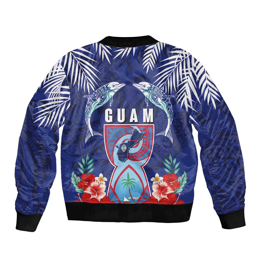 Guam Liberation Day Sleeve Zip Bomber Jacket The Tribal Latte Stone and Dolphins with Hibiscus Chamorro Culture LT03 - Polynesian Pride