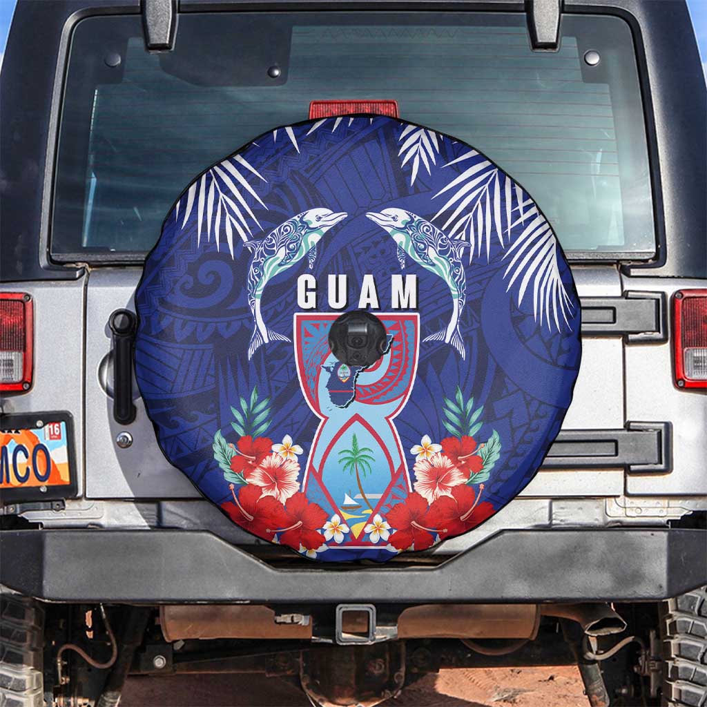 Guam Liberation Day Spare Tire Cover The Tribal Latte Stone and Dolphins with Hibiscus Chamorro Culture LT03 Blue - Polynesian Pride