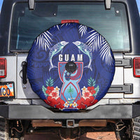 Guam Liberation Day Spare Tire Cover The Tribal Latte Stone and Dolphins with Hibiscus Chamorro Culture LT03 Blue - Polynesian Pride