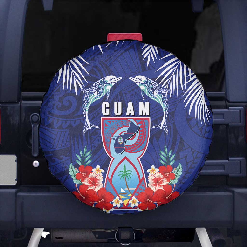Guam Liberation Day Spare Tire Cover The Tribal Latte Stone and Dolphins with Hibiscus Chamorro Culture LT03 No hole Blue - Polynesian Pride