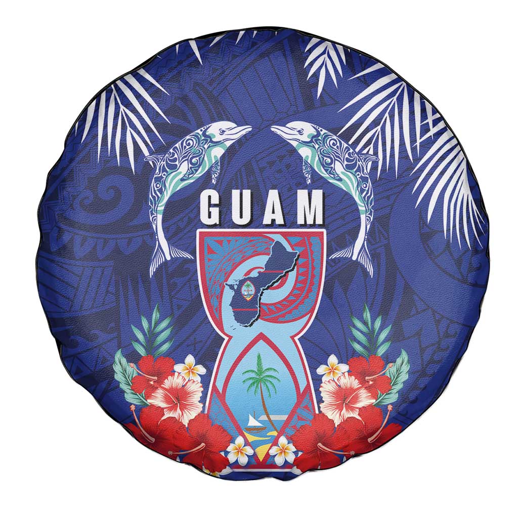 Guam Liberation Day Spare Tire Cover The Tribal Latte Stone and Dolphins with Hibiscus Chamorro Culture LT03 - Polynesian Pride