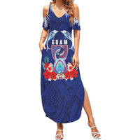 Guam Liberation Day Summer Maxi Dress The Tribal Latte Stone and Dolphins with Hibiscus Chamorro Culture LT03 Women Blue - Polynesian Pride