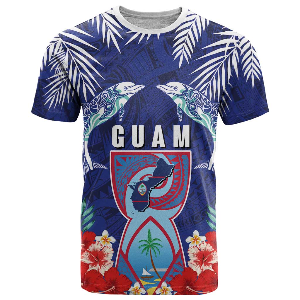 Guam Liberation Day T Shirt The Tribal Latte Stone and Dolphins with Hibiscus Chamorro Culture LT03 Blue - Polynesian Pride