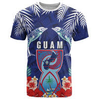 Guam Liberation Day T Shirt The Tribal Latte Stone and Dolphins with Hibiscus Chamorro Culture LT03 Blue - Polynesian Pride