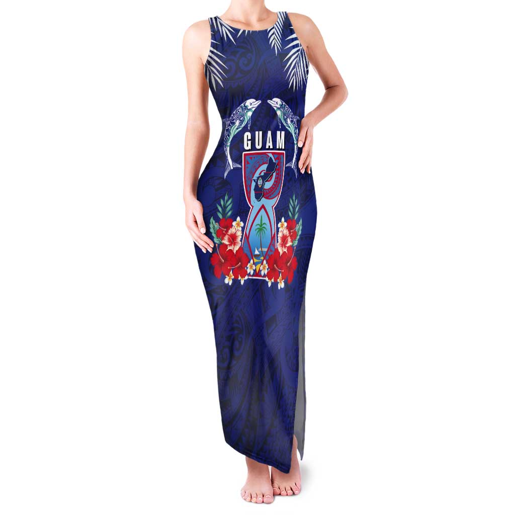 Guam Liberation Day Tank Maxi Dress The Tribal Latte Stone and Dolphins with Hibiscus Chamorro Culture LT03 Women Blue - Polynesian Pride