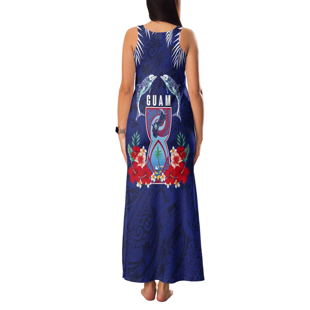 Guam Liberation Day Tank Maxi Dress The Tribal Latte Stone and Dolphins with Hibiscus Chamorro Culture LT03 - Polynesian Pride
