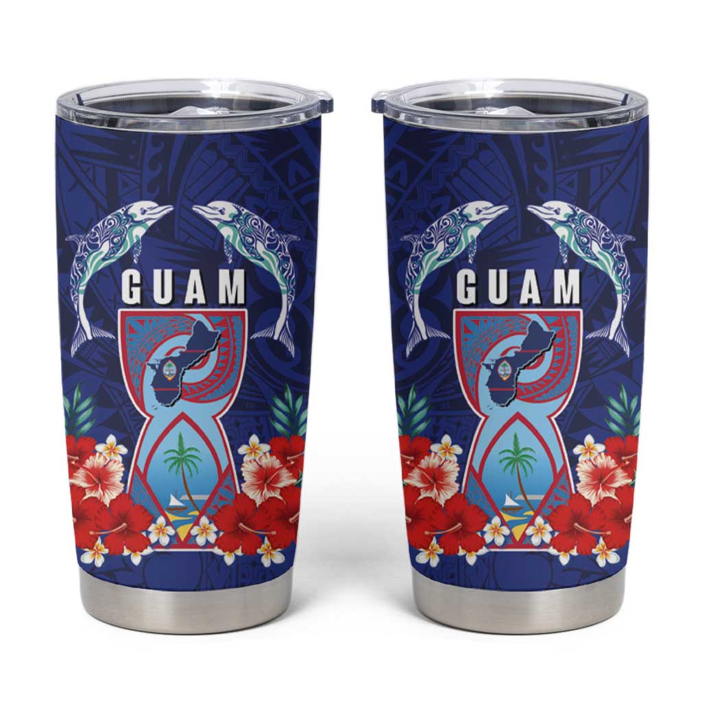 Guam Liberation Day Tumbler Cup The Tribal Latte Stone and Dolphins with Hibiscus Chamorro Culture LT03 Blue - Polynesian Pride