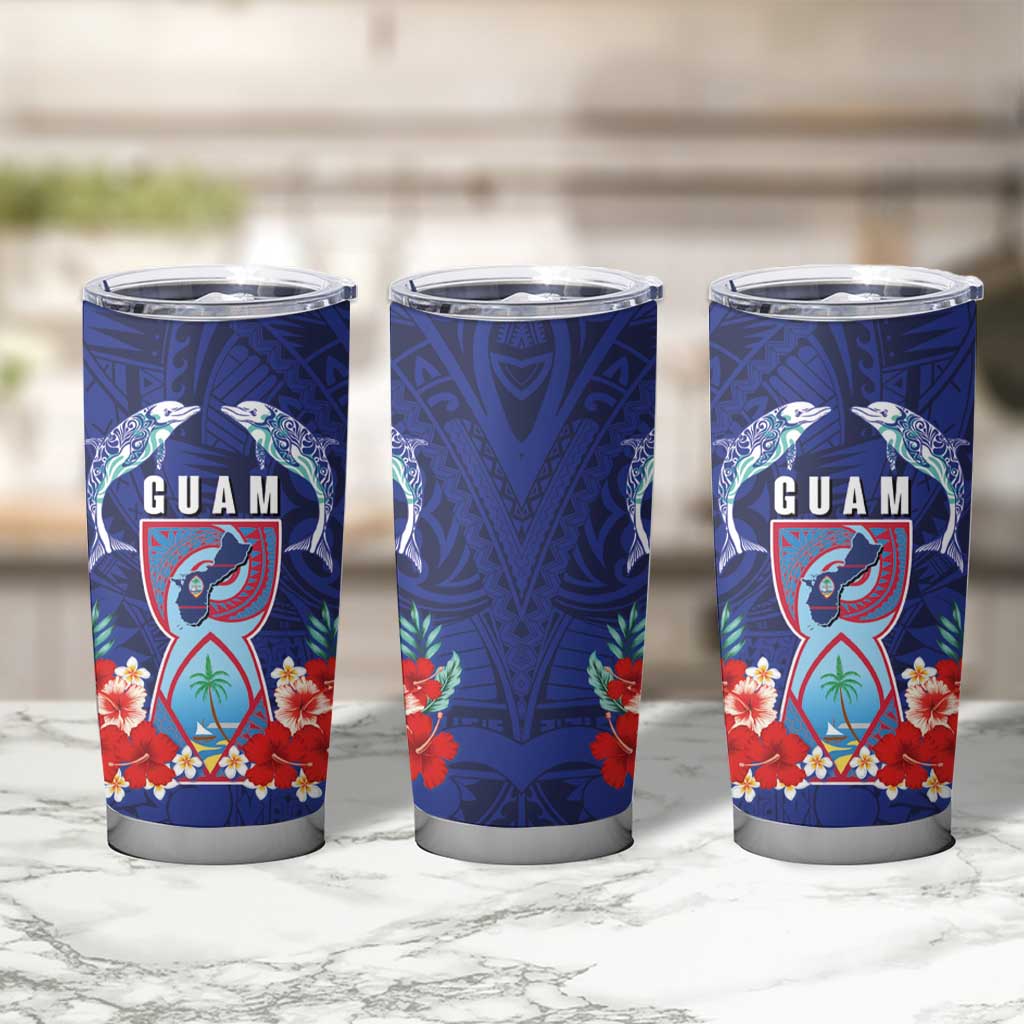 Guam Liberation Day Tumbler Cup The Tribal Latte Stone and Dolphins with Hibiscus Chamorro Culture LT03 - Polynesian Pride