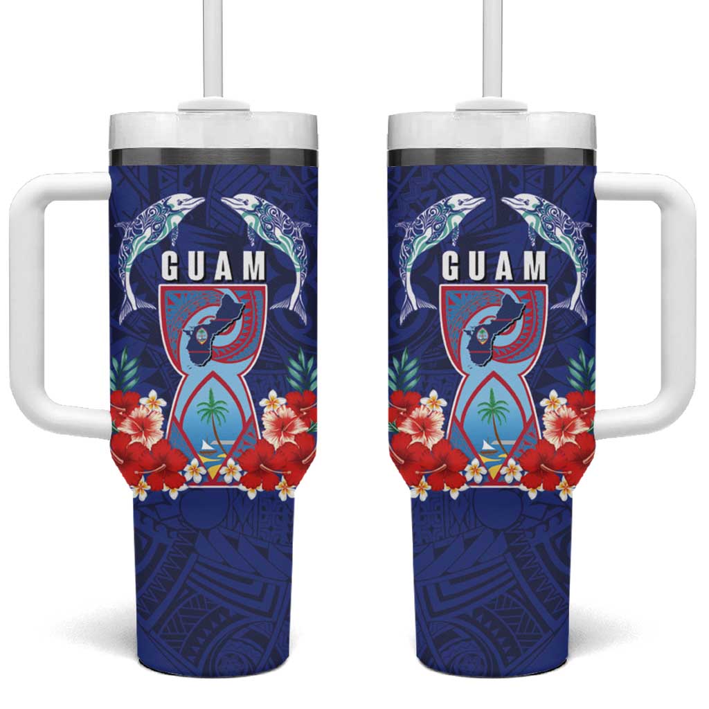 Guam Liberation Day Tumbler With Handle The Tribal Latte Stone and Dolphins with Hibiscus Chamorro Culture LT03 One Size: 40 oz Blue - Polynesian Pride