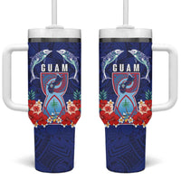 Guam Liberation Day Tumbler With Handle The Tribal Latte Stone and Dolphins with Hibiscus Chamorro Culture LT03 One Size: 40 oz Blue - Polynesian Pride