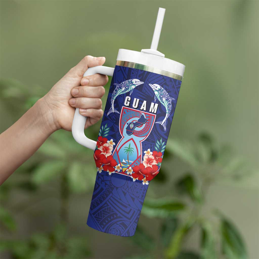 Guam Liberation Day Tumbler With Handle The Tribal Latte Stone and Dolphins with Hibiscus Chamorro Culture LT03 - Polynesian Pride