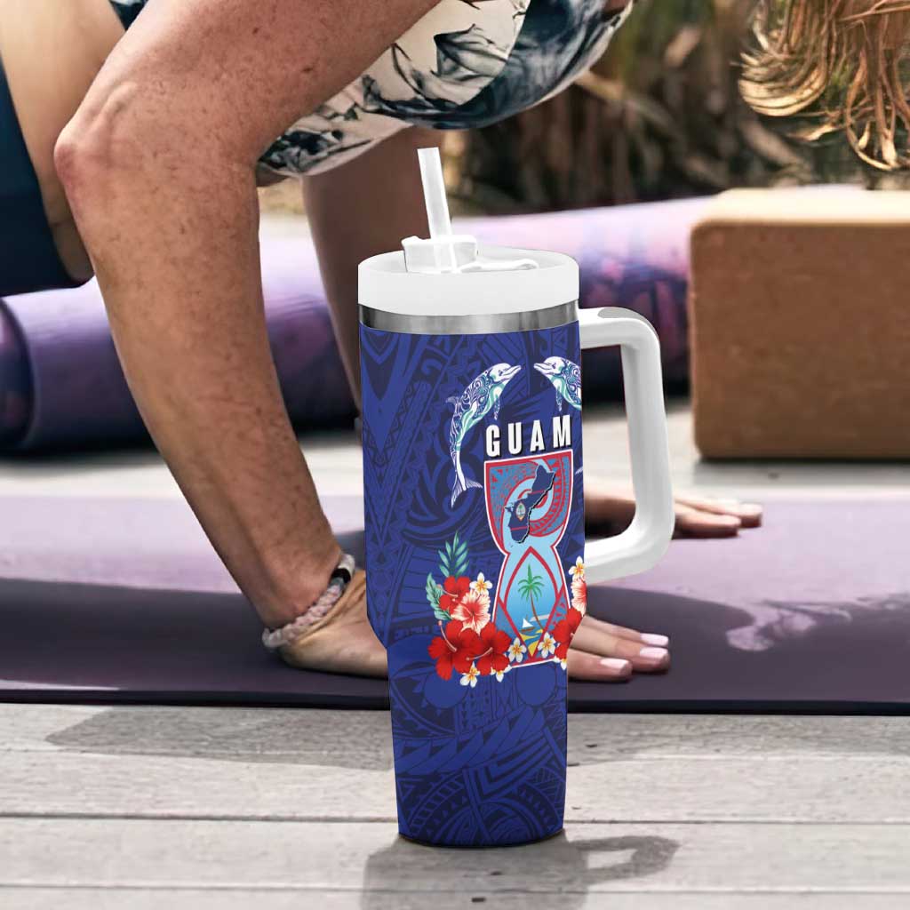 Guam Liberation Day Tumbler With Handle The Tribal Latte Stone and Dolphins with Hibiscus Chamorro Culture LT03 - Polynesian Pride