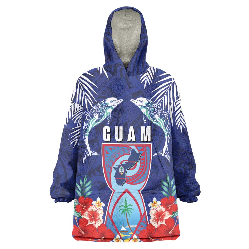 Guam Liberation Day Wearable Blanket Hoodie The Tribal Latte Stone and Dolphins with Hibiscus Chamorro Culture LT03 One Size Blue - Polynesian Pride