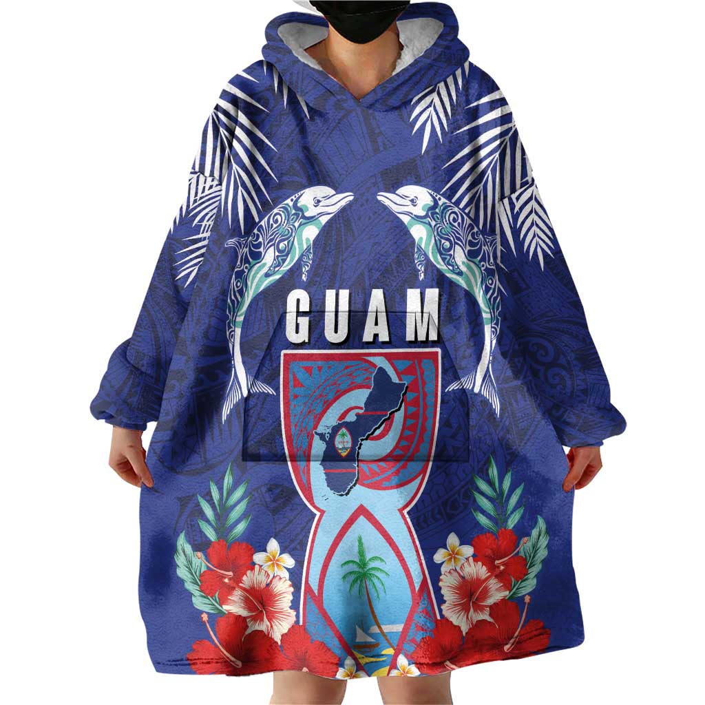 Guam Liberation Day Wearable Blanket Hoodie The Tribal Latte Stone and Dolphins with Hibiscus Chamorro Culture LT03 - Polynesian Pride