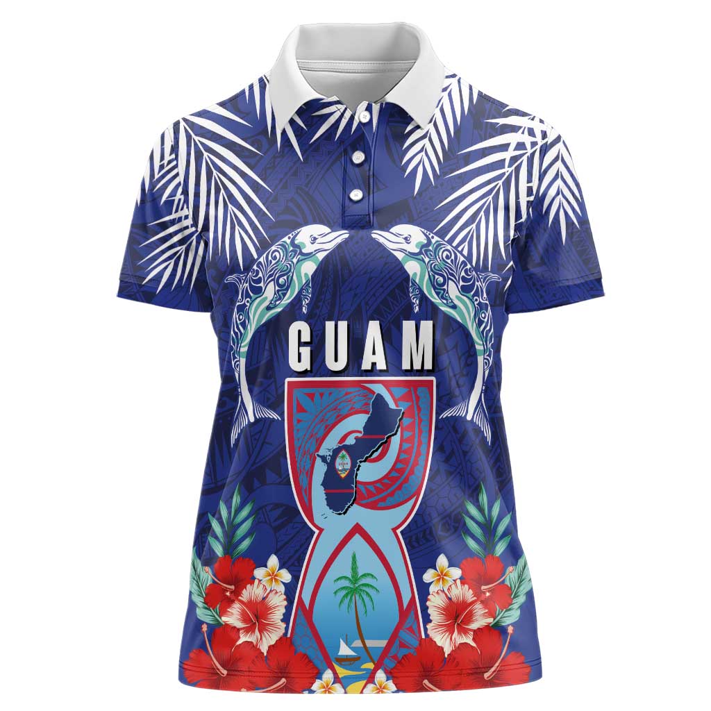 Guam Liberation Day Women Polo Shirt The Tribal Latte Stone and Dolphins with Hibiscus Chamorro Culture LT03 Female Blue - Polynesian Pride