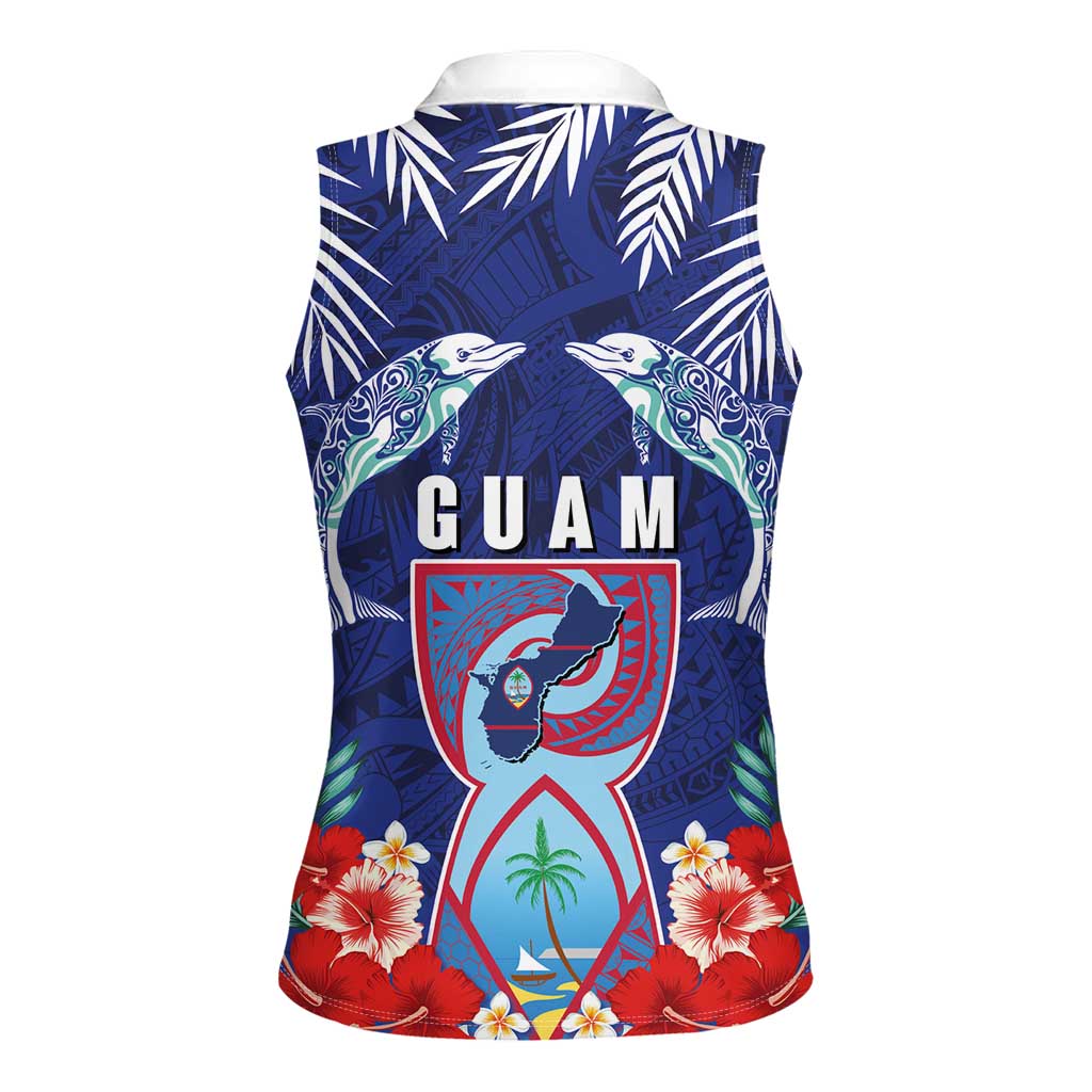 Guam Liberation Day Women Sleeveless Polo Shirt The Tribal Latte Stone and Dolphins with Hibiscus Chamorro Culture LT03 - Polynesian Pride
