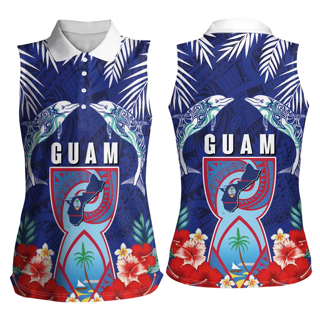 Guam Liberation Day Women Sleeveless Polo Shirt The Tribal Latte Stone and Dolphins with Hibiscus Chamorro Culture LT03 - Polynesian Pride