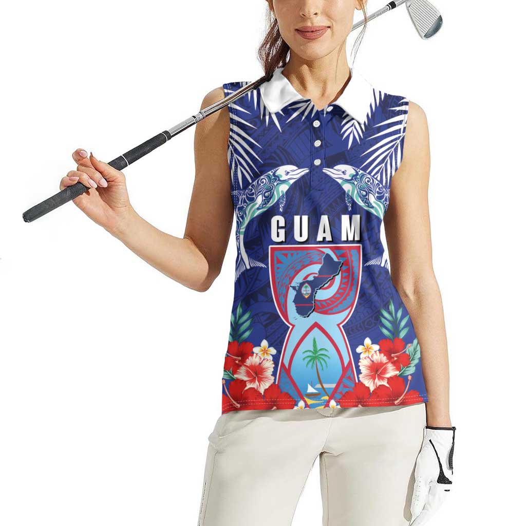 Guam Liberation Day Women Sleeveless Polo Shirt The Tribal Latte Stone and Dolphins with Hibiscus Chamorro Culture LT03 - Polynesian Pride