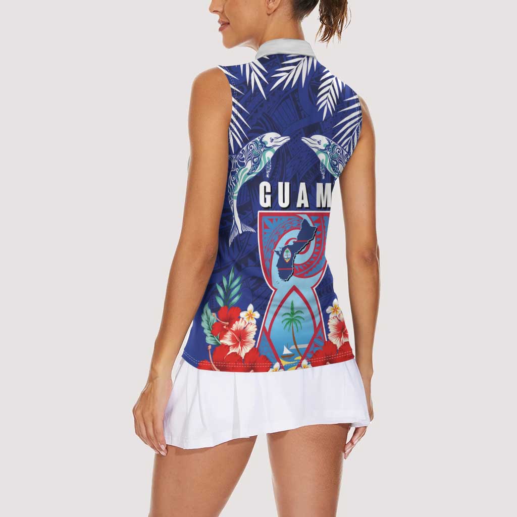 Guam Liberation Day Women Sleeveless Polo Shirt The Tribal Latte Stone and Dolphins with Hibiscus Chamorro Culture LT03 - Polynesian Pride