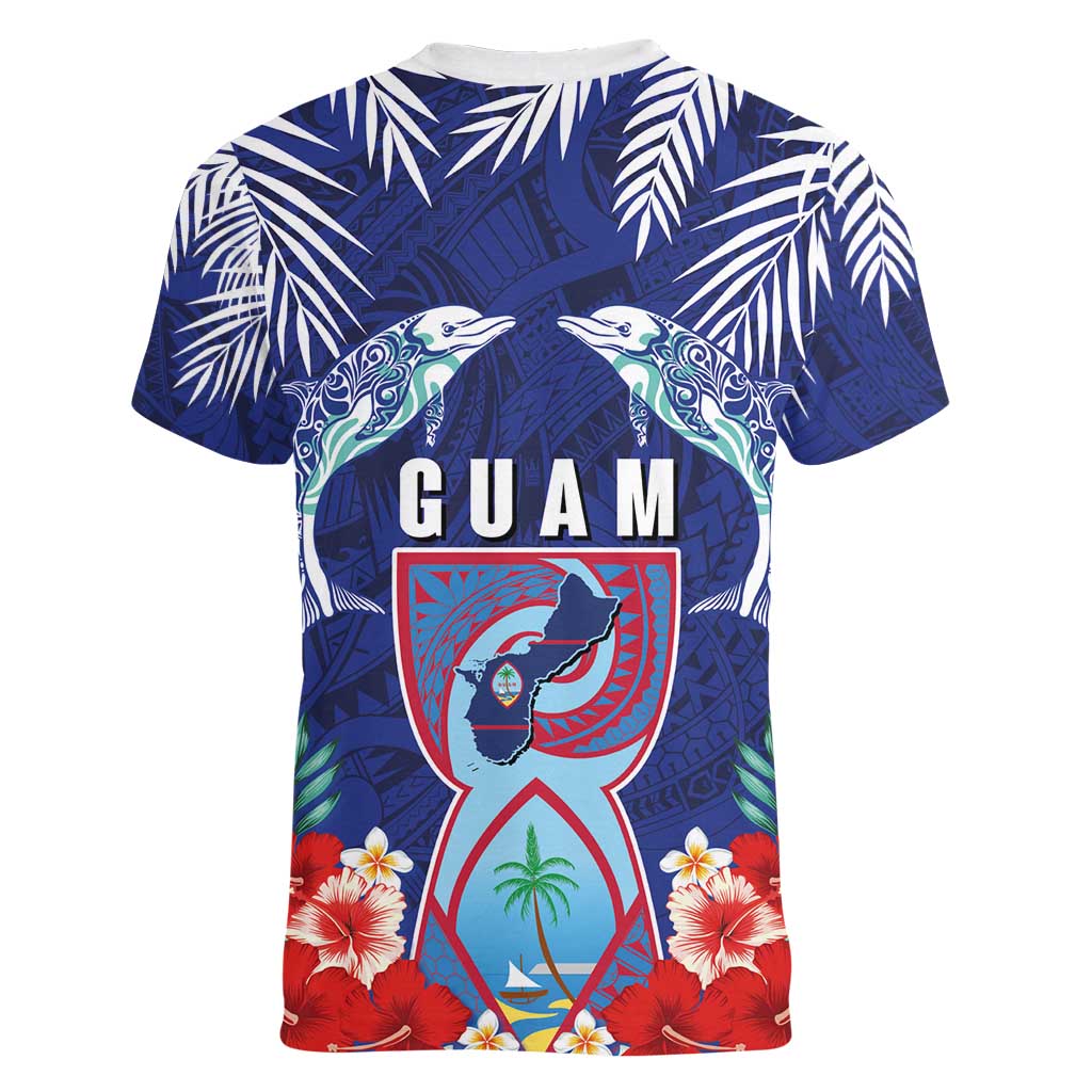 Guam Liberation Day Women V-Neck T-Shirt The Tribal Latte Stone and Dolphins with Hibiscus Chamorro Culture LT03 - Polynesian Pride