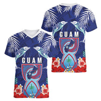 Guam Liberation Day Women V-Neck T-Shirt The Tribal Latte Stone and Dolphins with Hibiscus Chamorro Culture LT03 - Polynesian Pride