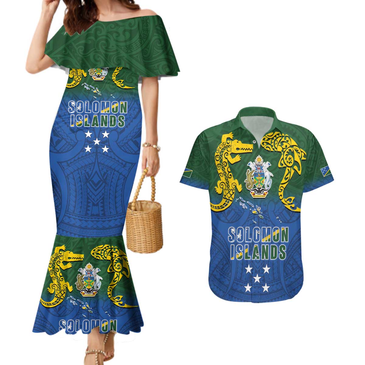 Solomon Islands Couples Matching Mermaid Dress and Hawaiian Shirt The Guardians-Tribal Crocodile and Shark Melanesian Tattoo