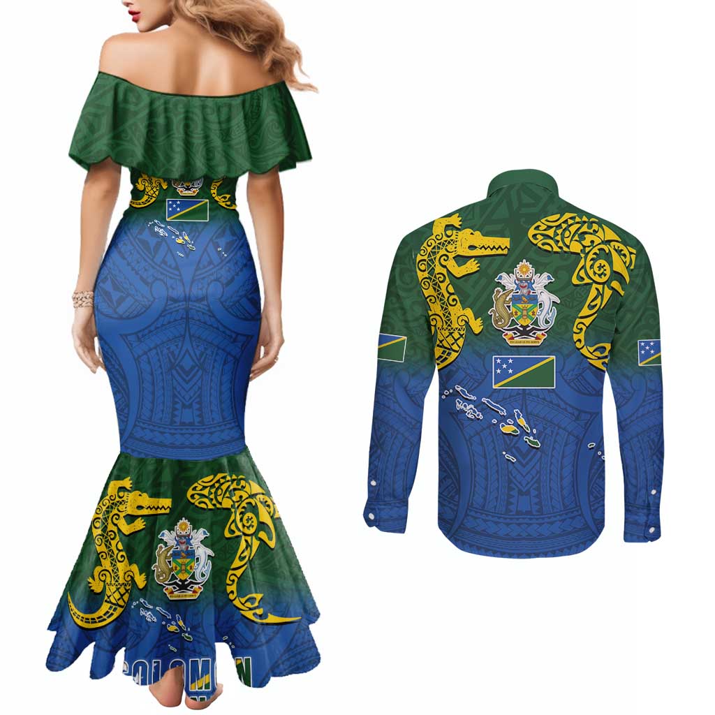 Solomon Islands Couples Matching Mermaid Dress and Long Sleeve Button Shirt The Guardians-Tribal Crocodile and Shark Melanesian Tattoo LT03 - Polynesian Pride