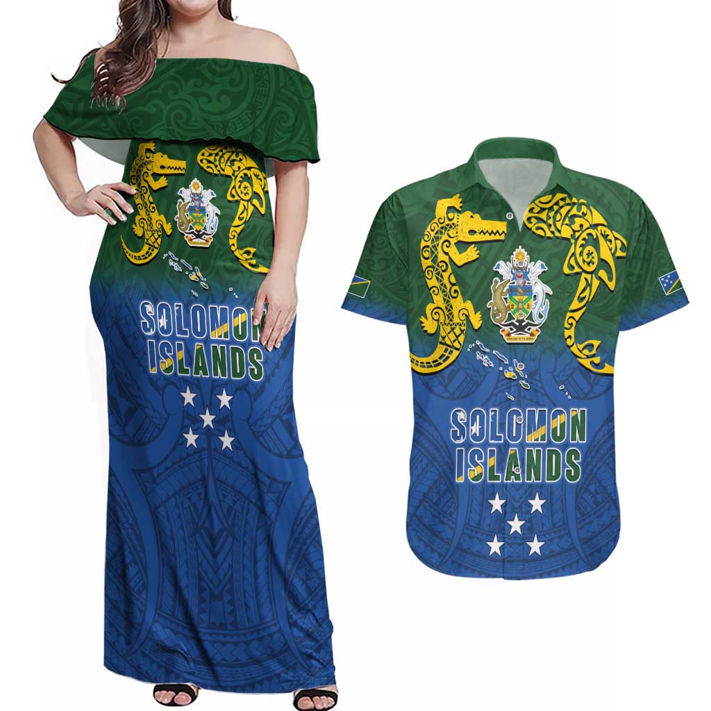 Solomon Islands Couples Matching Off Shoulder Maxi Dress and Hawaiian Shirt The Guardians-Tribal Crocodile and Shark Melanesian Tattoo LT03 Green - Polynesian Pride