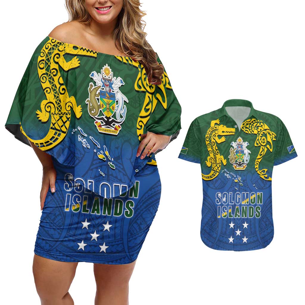 Solomon Islands Couples Matching Off Shoulder Short Dress and Hawaiian Shirt The Guardians-Tribal Crocodile and Shark Melanesian Tattoo LT03 Green - Polynesian Pride