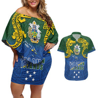 Solomon Islands Couples Matching Off Shoulder Short Dress and Hawaiian Shirt The Guardians-Tribal Crocodile and Shark Melanesian Tattoo LT03 Green - Polynesian Pride