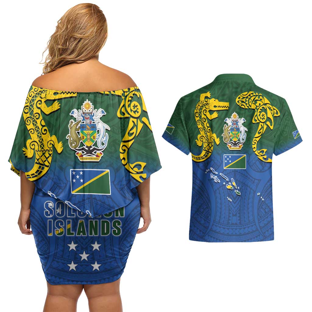 Solomon Islands Couples Matching Off Shoulder Short Dress and Hawaiian Shirt The Guardians-Tribal Crocodile and Shark Melanesian Tattoo LT03 - Polynesian Pride