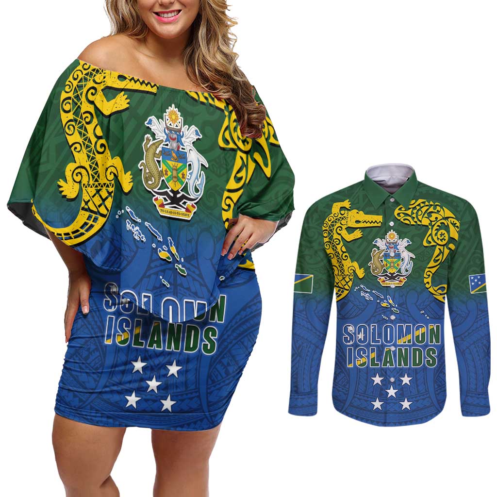 Solomon Islands Couples Matching Off Shoulder Short Dress and Long Sleeve Button Shirt The Guardians-Tribal Crocodile and Shark Melanesian Tattoo LT03 Green - Polynesian Pride