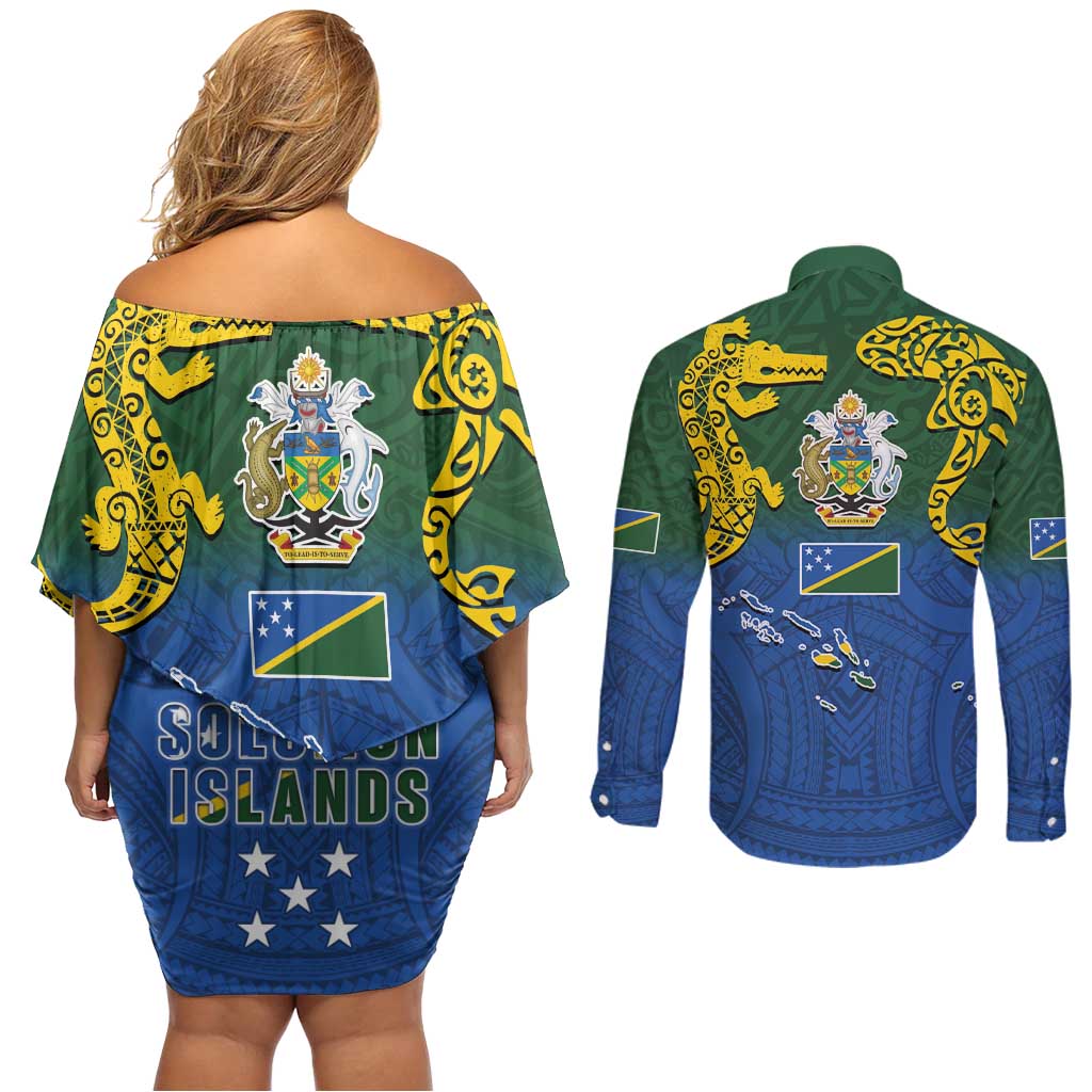 Solomon Islands Couples Matching Off Shoulder Short Dress and Long Sleeve Button Shirt The Guardians-Tribal Crocodile and Shark Melanesian Tattoo LT03 - Polynesian Pride