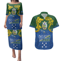 Solomon Islands Couples Matching Puletasi and Hawaiian Shirt The Guardians-Tribal Crocodile and Shark Melanesian Tattoo LT03 Green - Polynesian Pride