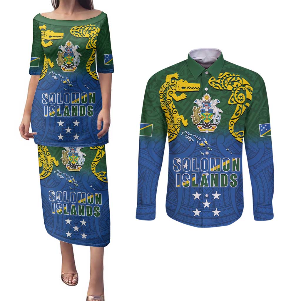 Solomon Islands Couples Matching Puletasi and Long Sleeve Button Shirt The Guardians-Tribal Crocodile and Shark Melanesian Tattoo