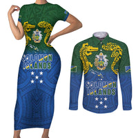 Solomon Islands Couples Matching Short Sleeve Bodycon Dress and Long Sleeve Button Shirt The Guardians-Tribal Crocodile and Shark Melanesian Tattoo LT03 Green - Polynesian Pride