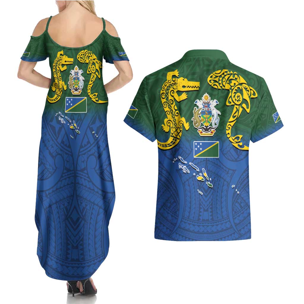 Solomon Islands Couples Matching Summer Maxi Dress and Hawaiian Shirt The Guardians-Tribal Crocodile and Shark Melanesian Tattoo LT03 - Polynesian Pride