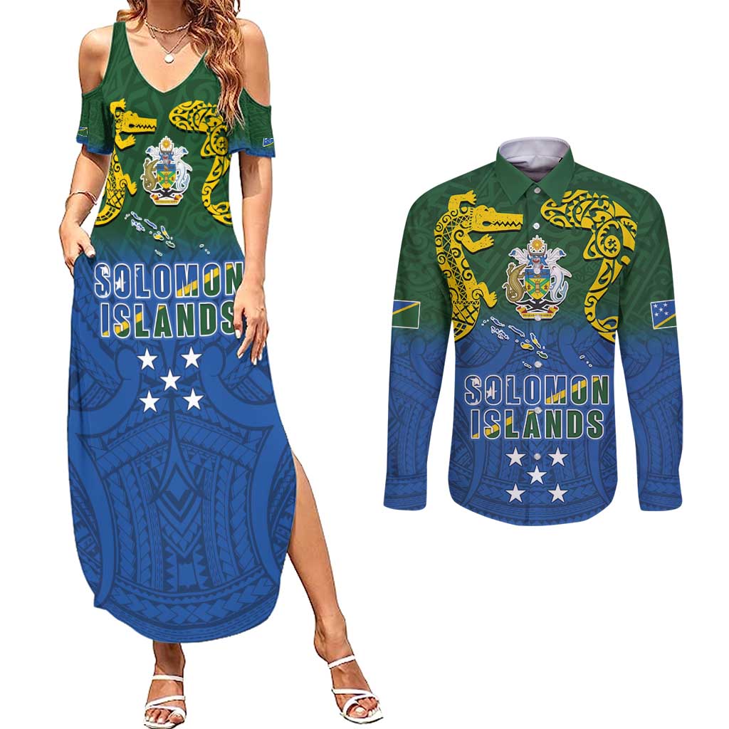 Solomon Islands Couples Matching Summer Maxi Dress and Long Sleeve Button Shirt The Guardians-Tribal Crocodile and Shark Melanesian Tattoo LT03 Green - Polynesian Pride